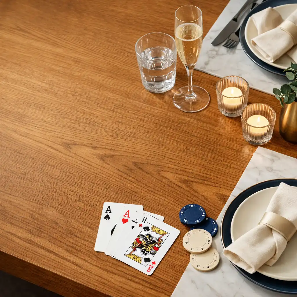 A bright restaurant table with ivory linen, place settings, cards, and unbranded poker chips.