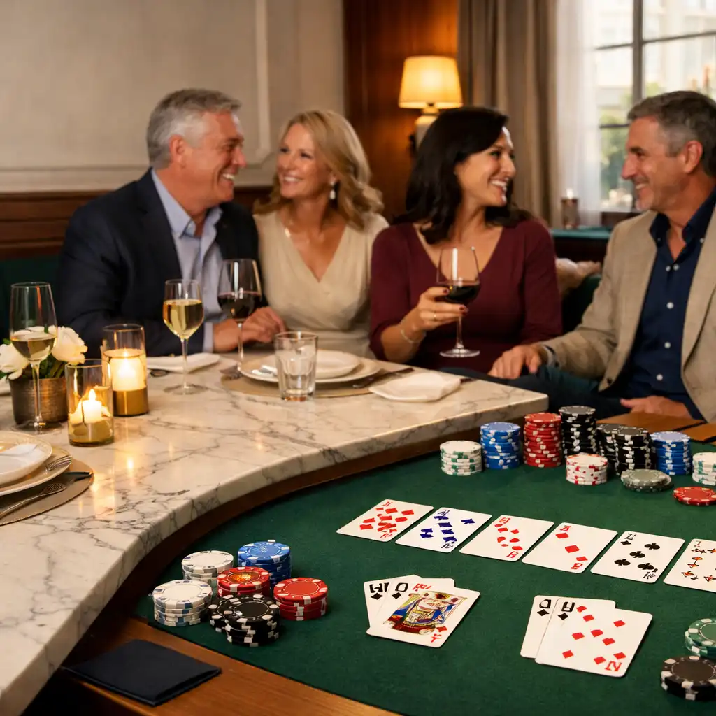 Adult guests converse around a refined dining table with discreet cards and poker chips.