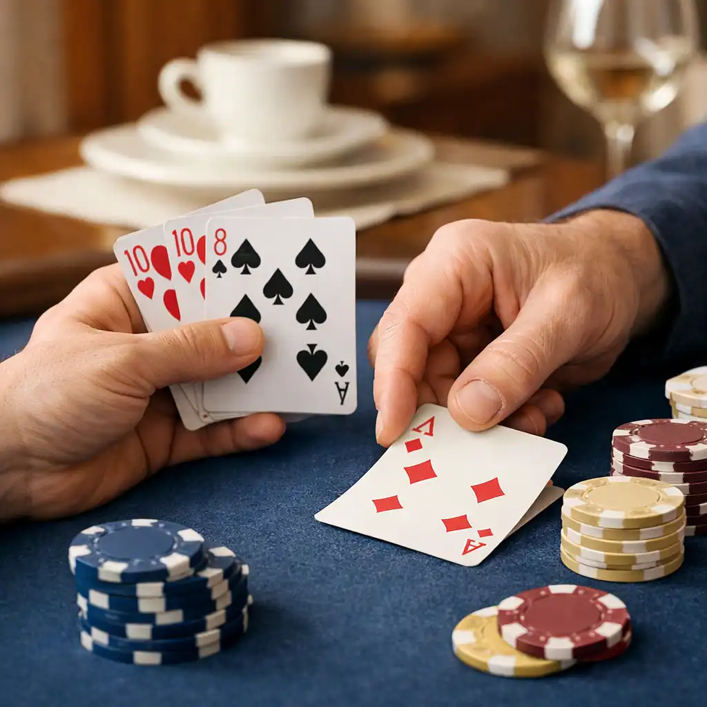 Adult hands arrange playing cards and unbranded poker chips on a refined felt-topped table.