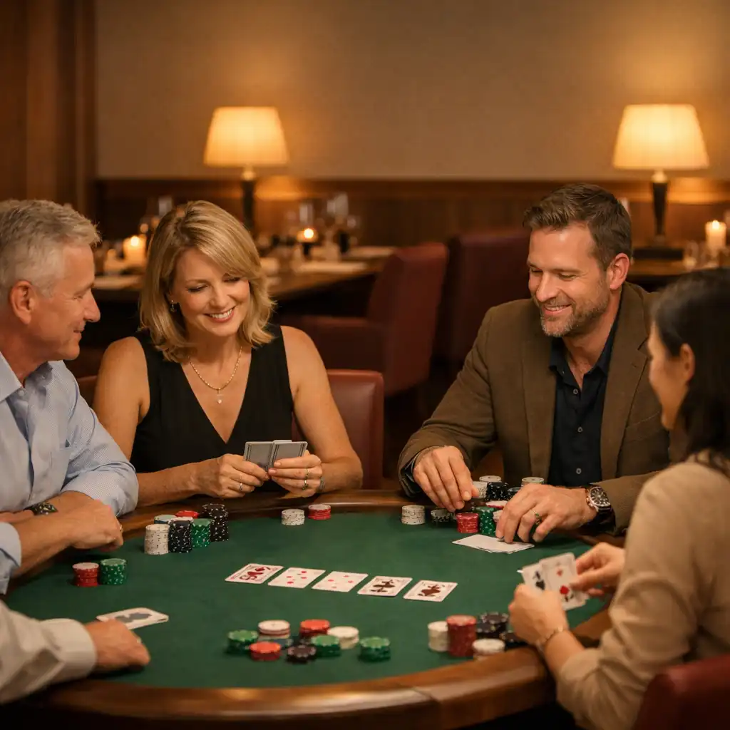 Adult guests enjoy a relaxed hosted card-table conversation in a bright dining setting.