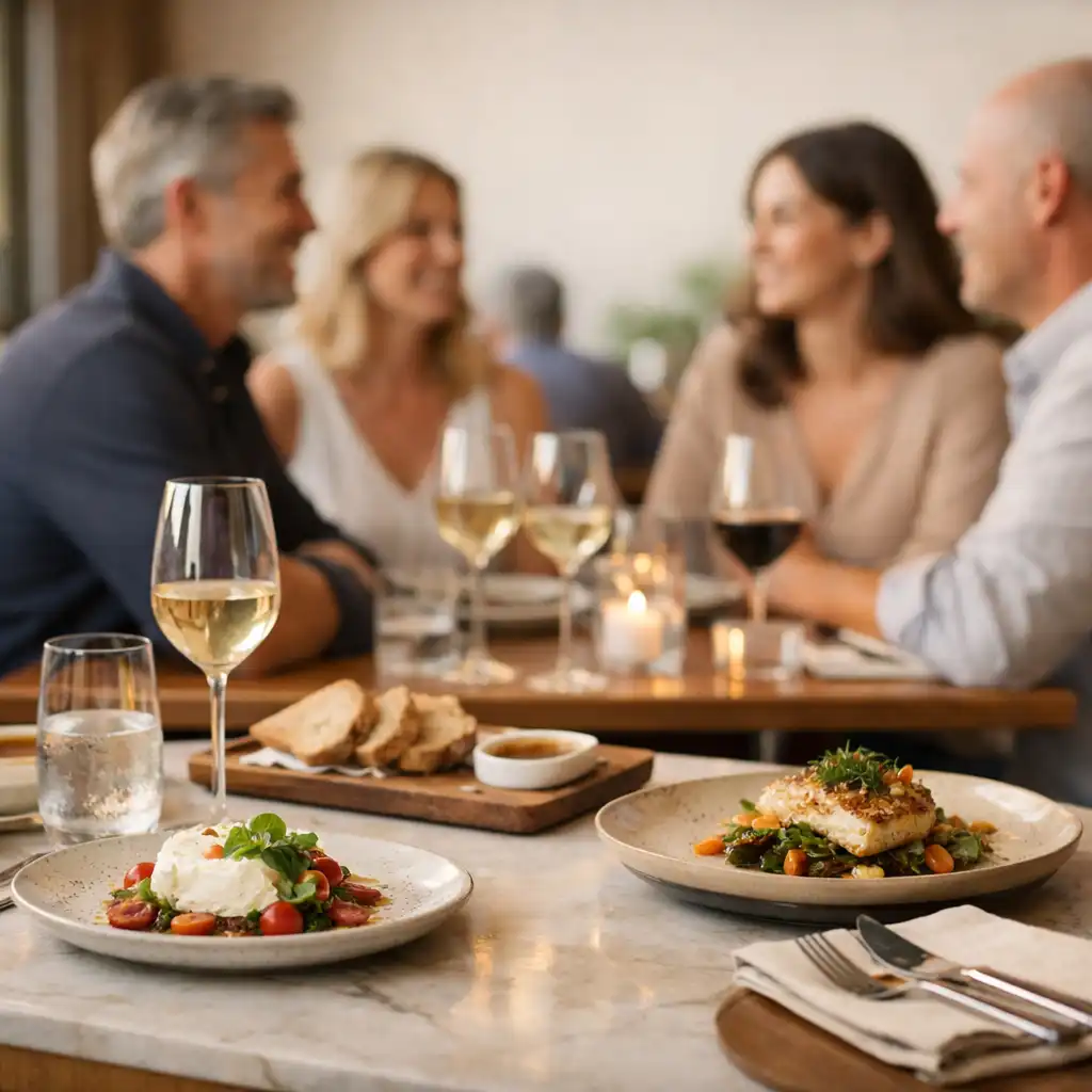 Friends converse at a refined restaurant dining table with elegant place settings.