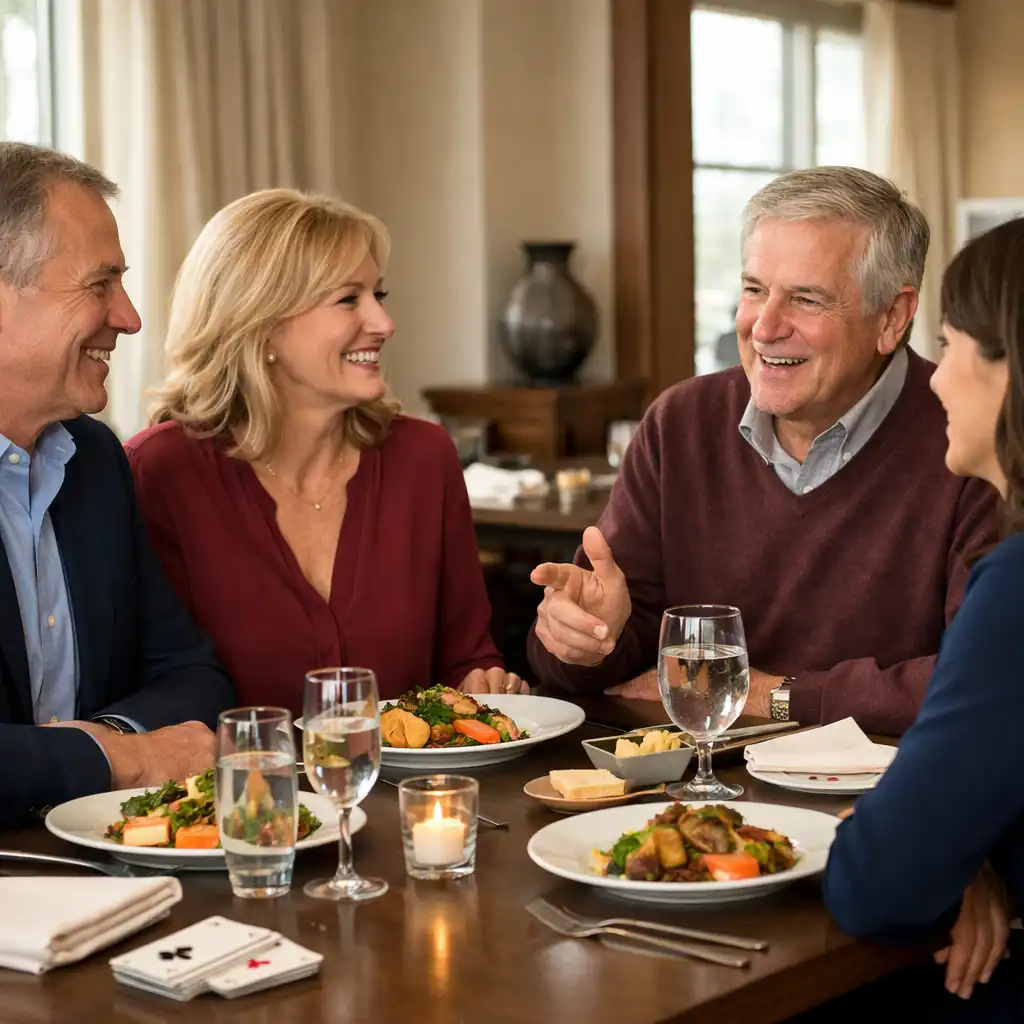 Clearly adult guests sharing conversation around a refined dining table with plated food and subtle card-table detail.