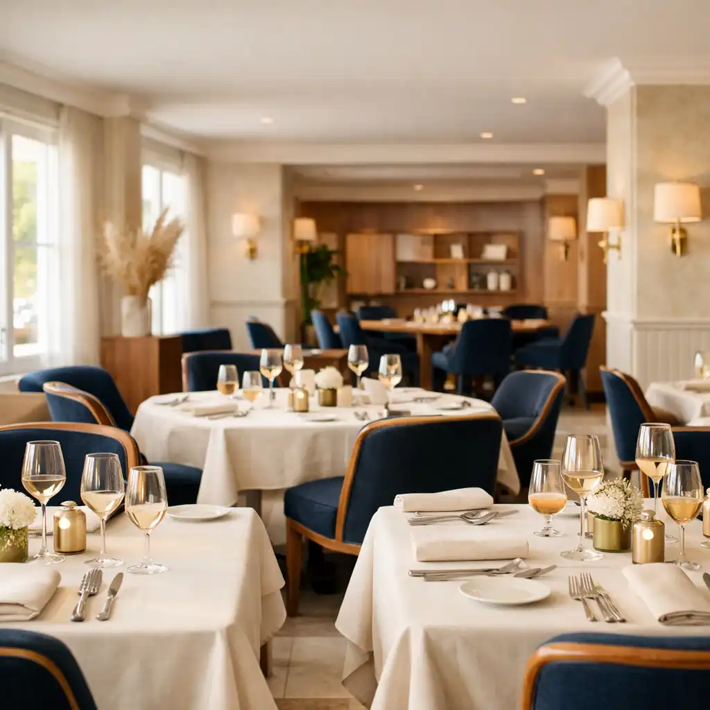 Bright restaurant room with ivory linen tables, warm timber details and daylight leading toward a prepared table area.