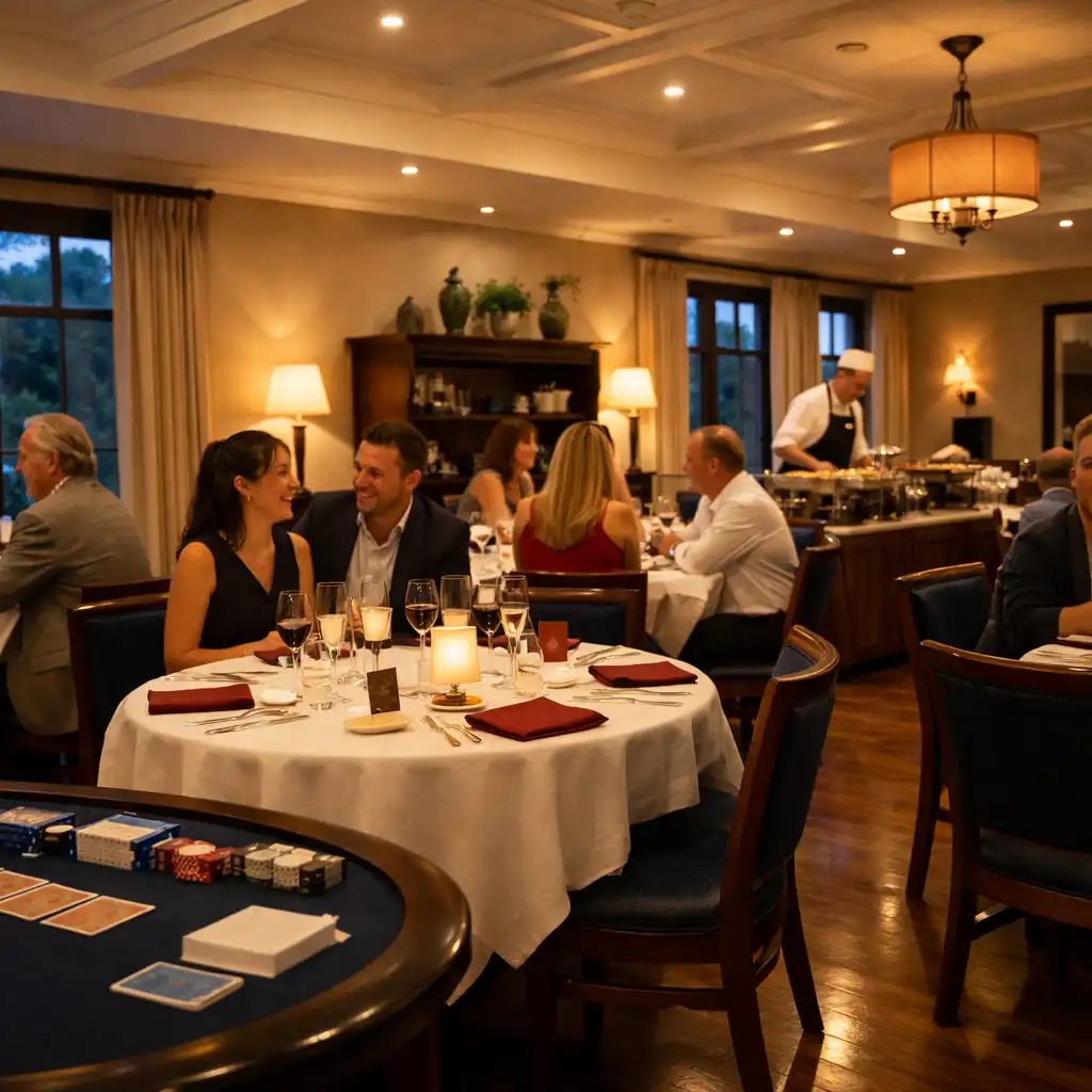 Bright early-evening restaurant gathering of adult guests with dressed dining tables and a discreet prepared card table.