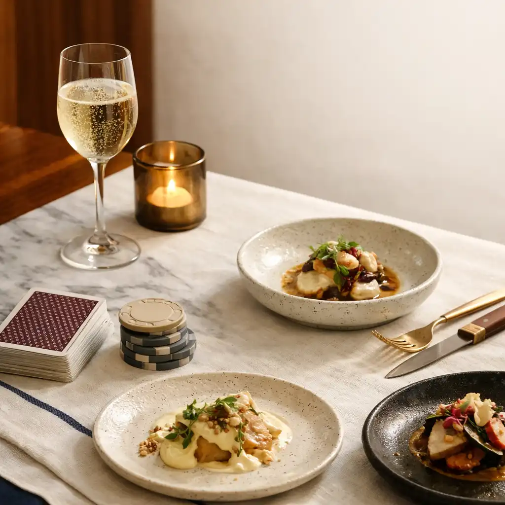 Chef-inspired dining detail beside physical cards and neutral poker chips on an ivory table