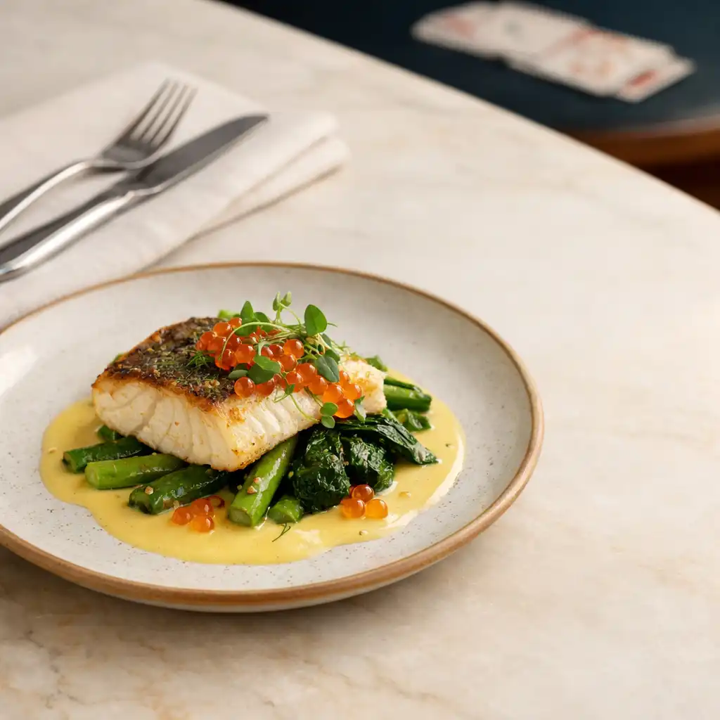 Chef-prepared dish on a pale marble and ivory linen table with refined cutlery and warm ceramic plateware.