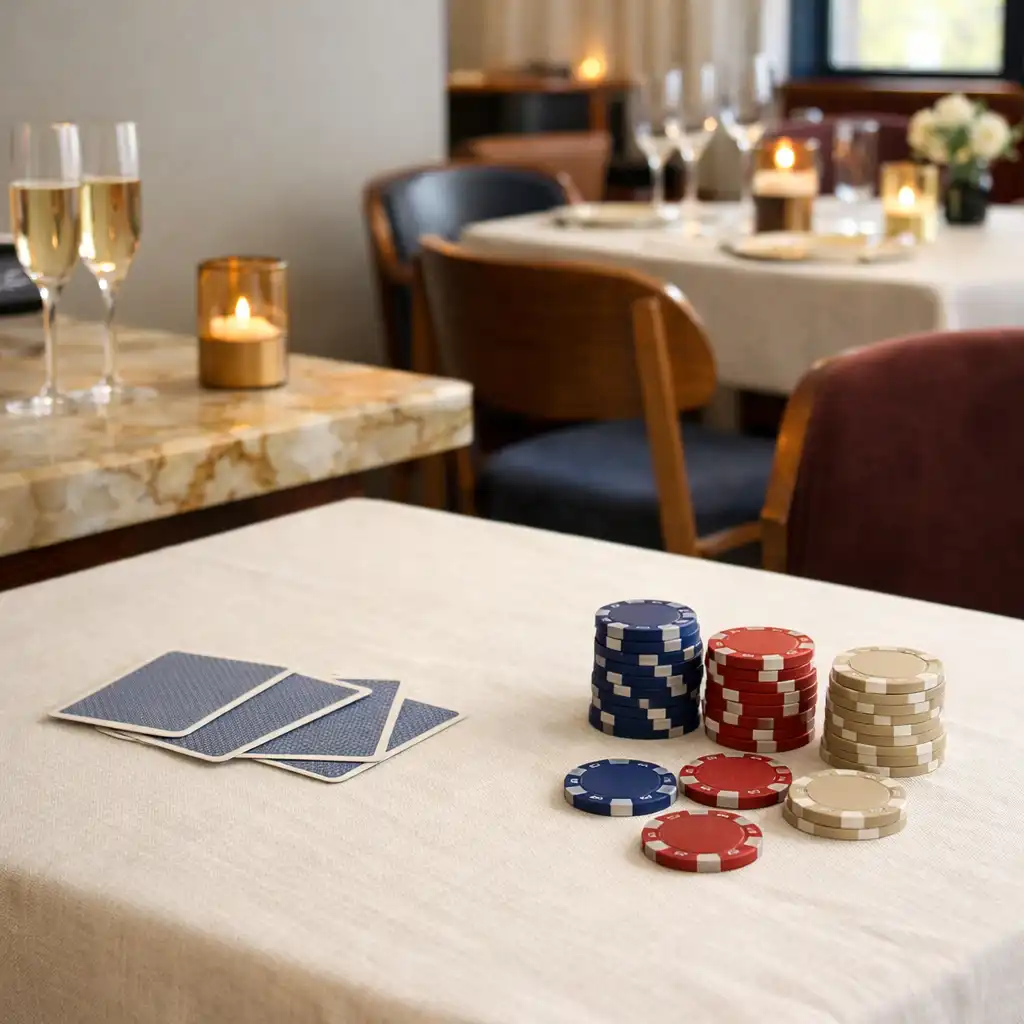 Ivory restaurant table with face-down cards and neutral poker chips beside marble details