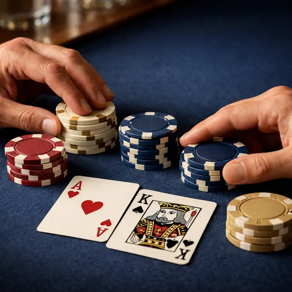Adult hands arranging non-branded poker chips and Texas Hold’em cards on a clean felt table.