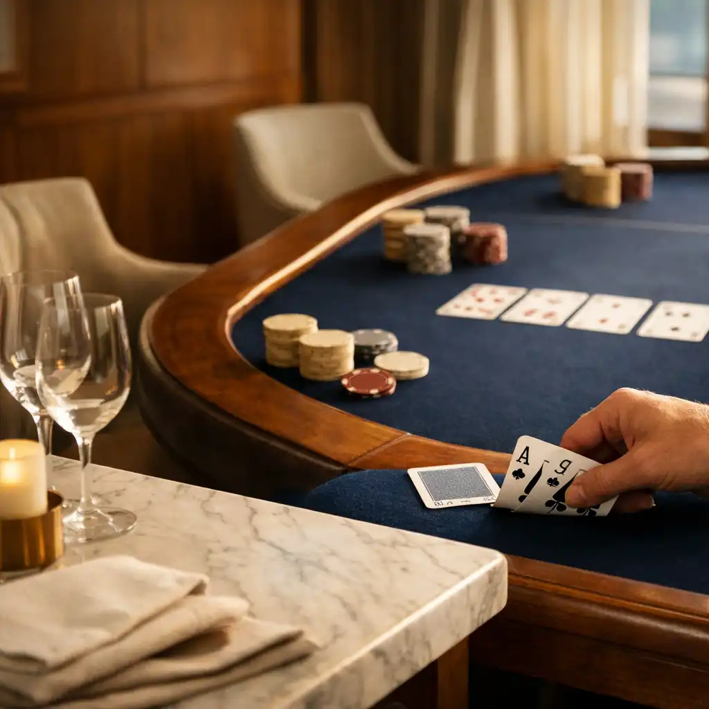 Refined restaurant table beside an offline poker table with cards and chips in warm natural light