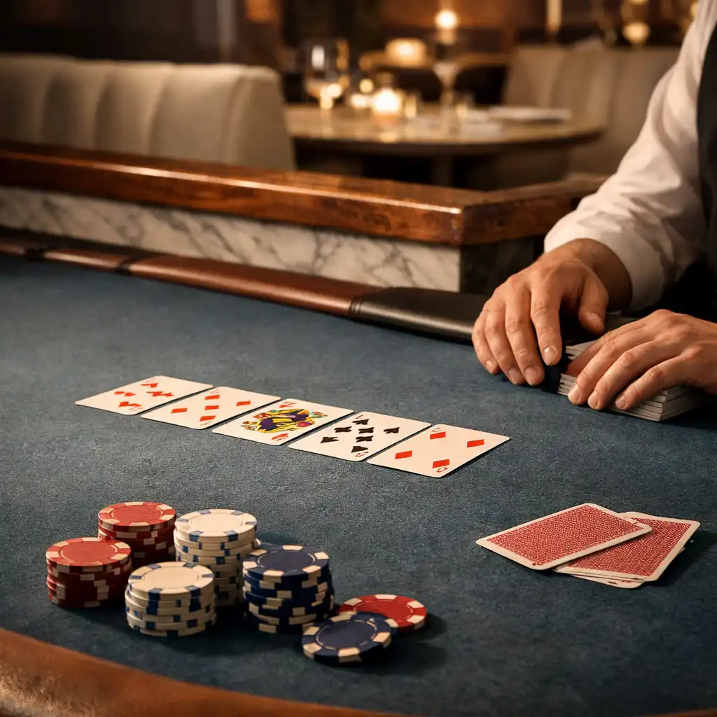 Refined poker table detail with cards, chips and a dealer’s hands in a restaurant setting