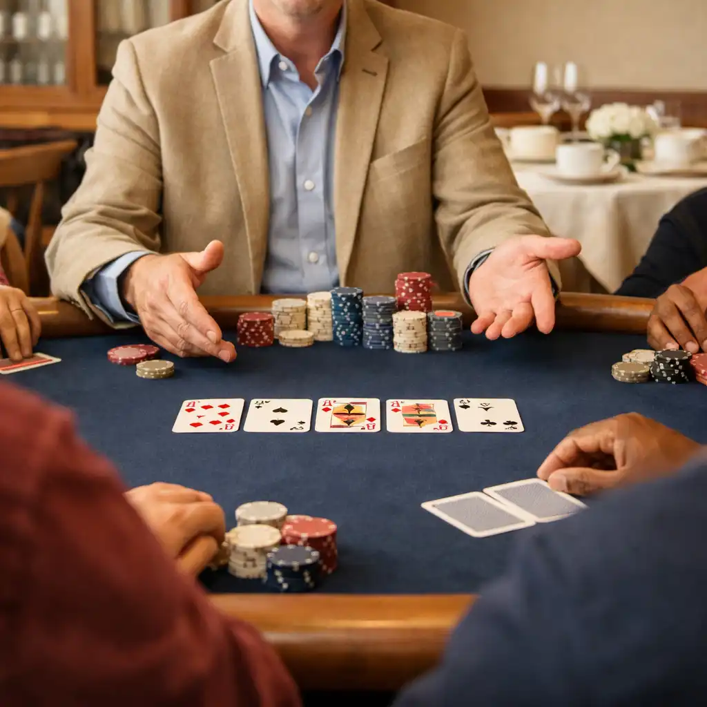 Host guiding an offline Texas Hold’em table in a bright restaurant setting
