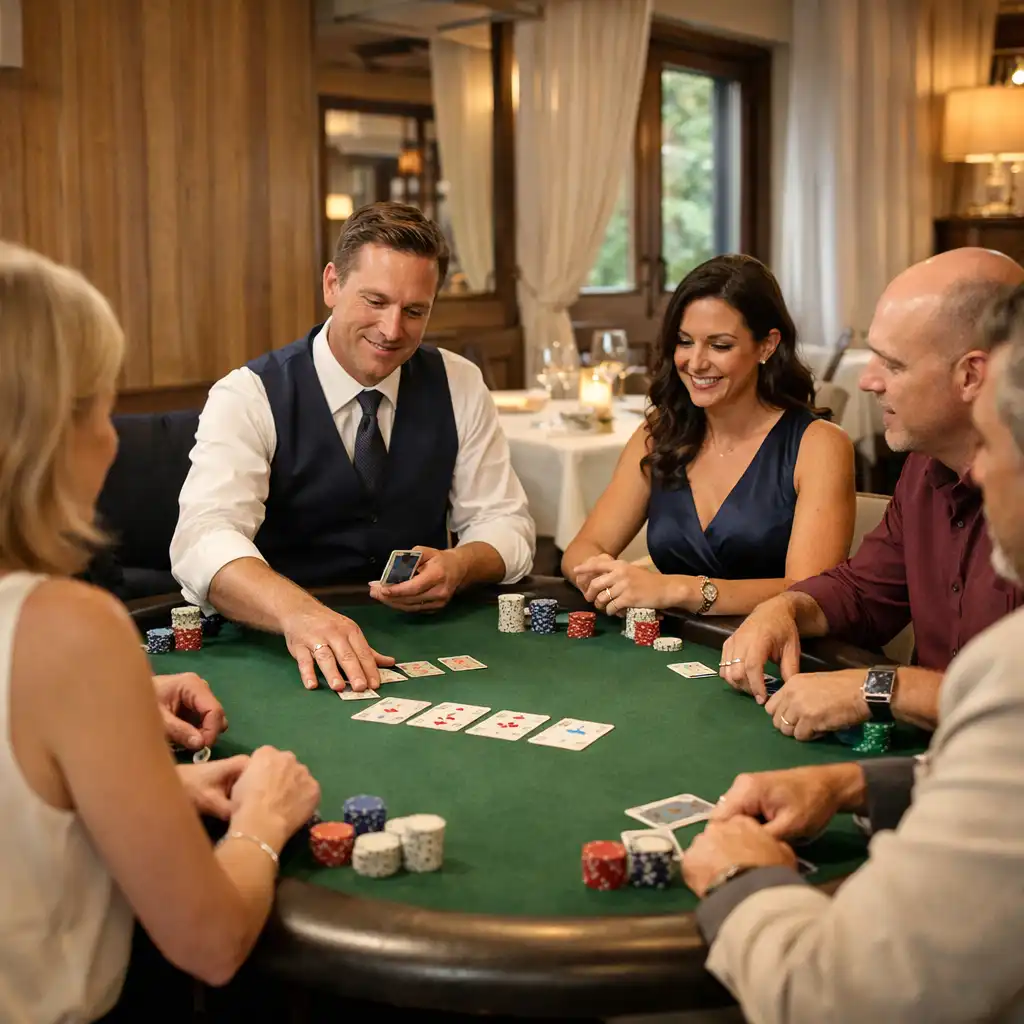 Adult guests at a bright restaurant poker table with a host guiding Texas Hold’em play