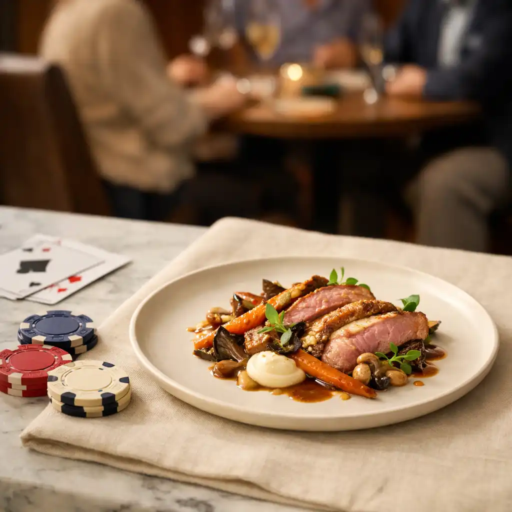 Plated dish on ivory linen beside subtle cards and poker chips