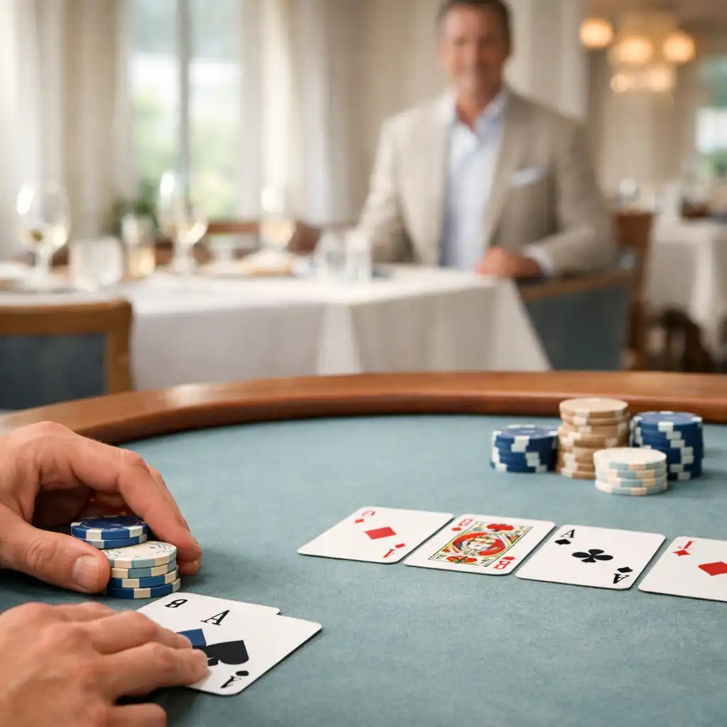 Hands arranging cards and poker chips on a hosted restaurant table