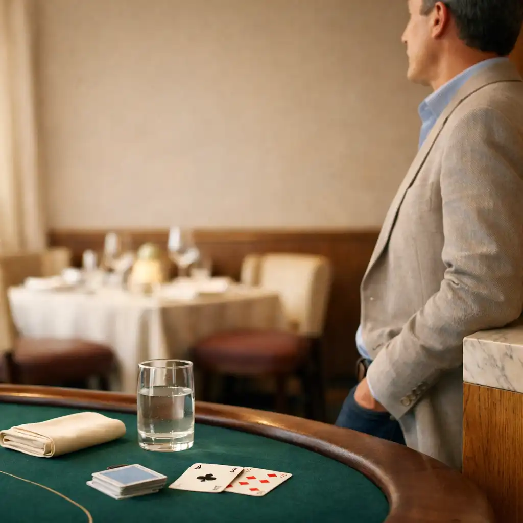 Adult guest taking a calm break beside a bright restaurant poker table with water and cards resting on felt