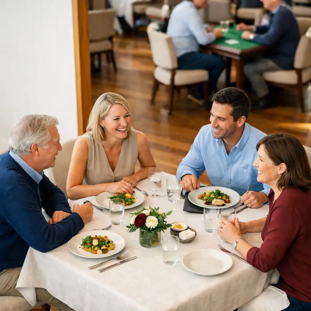 Small adult group in relaxed conversation at a bright marble and ivory-linen restaurant dining table