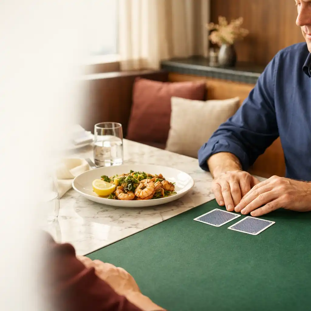 Adult guests at a bright restaurant table with ivory linen, shared food and cards resting nearby