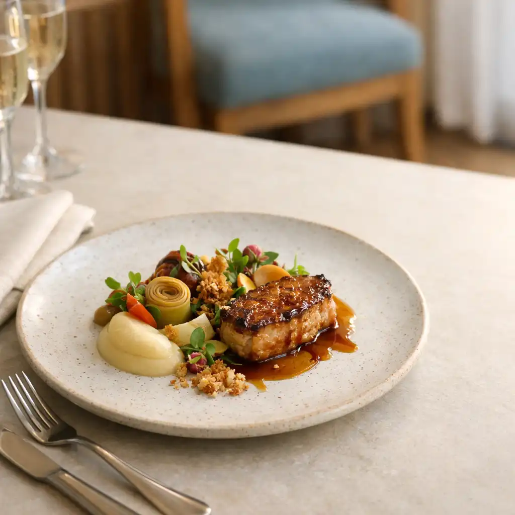 Refined chef-inspired dish on a pale stone table with ivory linen