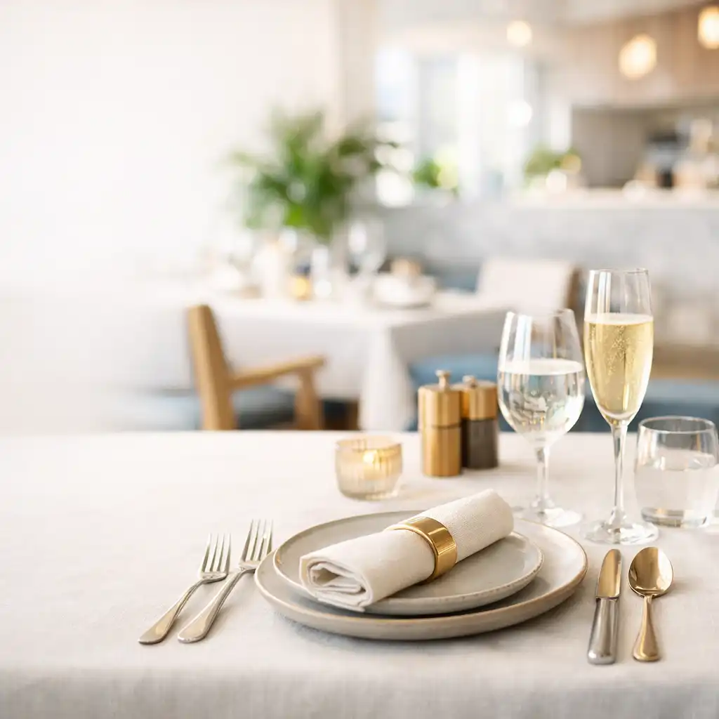 Elegant restaurant table setting with ivory linen, stoneware and daylight in a bright dining room