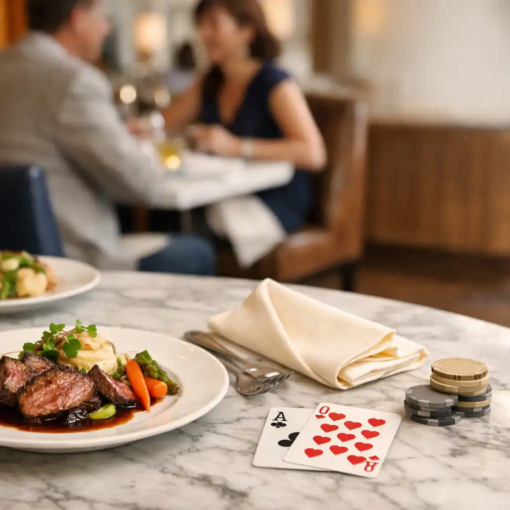 Plated food, ivory linen, playing cards and neutral poker chips on a marble restaurant table