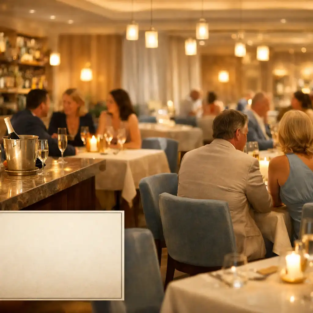 Warm refined evening dining room with ivory linen tables and adult guests in soft-focus conversation
