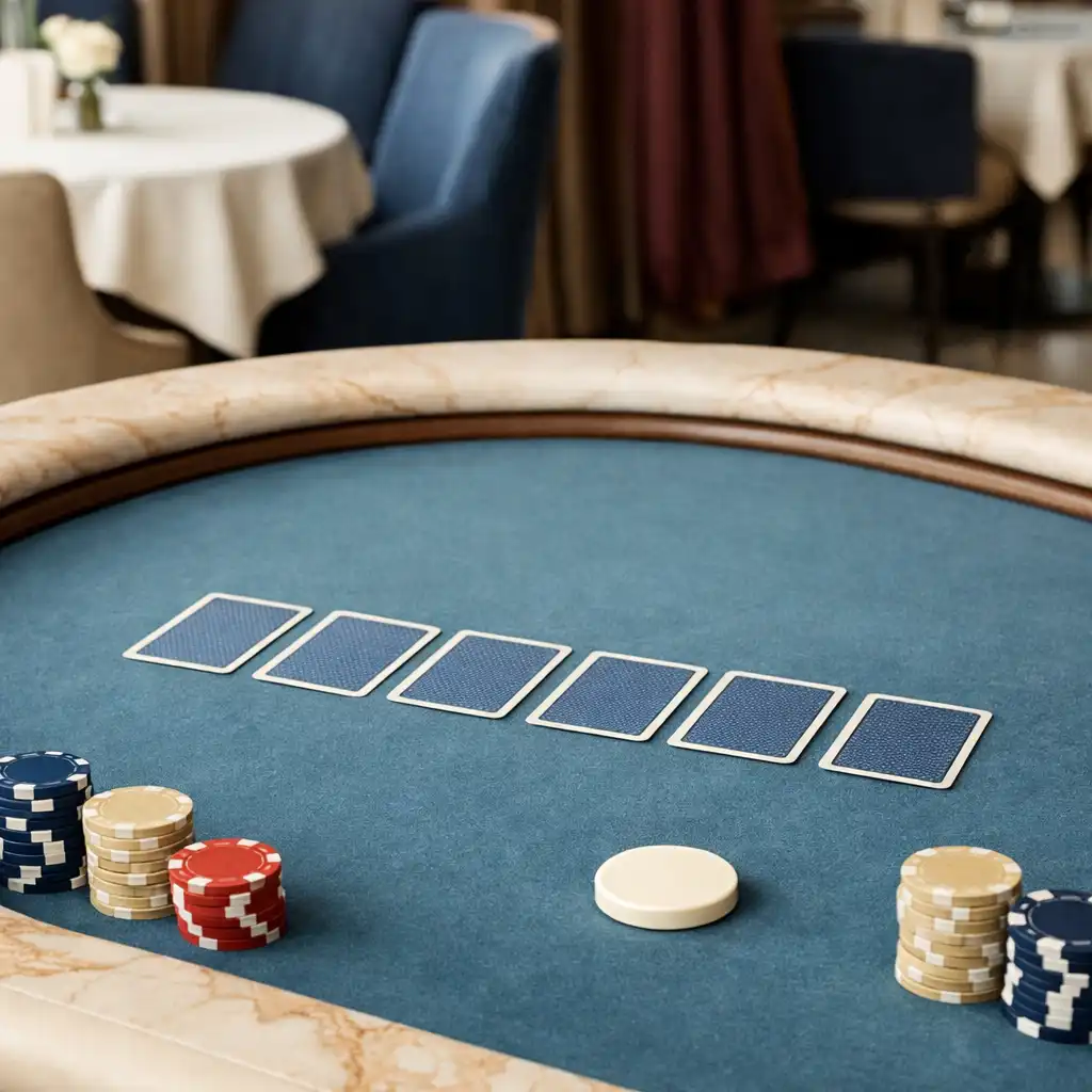 Prepared offline Texas Hold’em table with neatly arranged cards, non-branded chips and refined restaurant details.